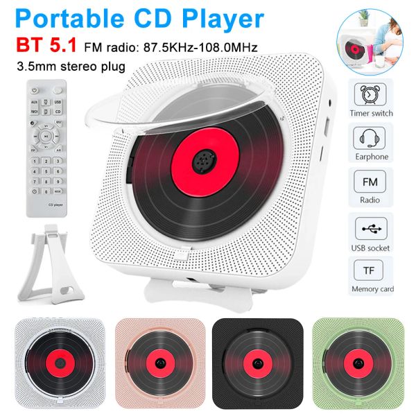 Haut-parleurs Lecteur de musique CD portable avec support mural Bluetooth 5.1 lecteur de musique FM Radio haut-parleur stéréo lecteurs CD pour hommes étudiants