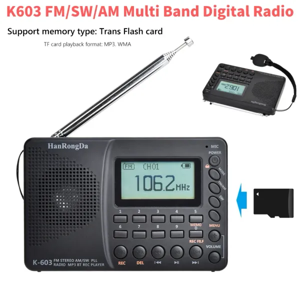 Altavoces Radio portátil K603 FM/SW/AM Radio Digital multibanda estéreo reproductor de MP3 altavoz Radio pantalla LCD grabadora compatible con Bluetooth