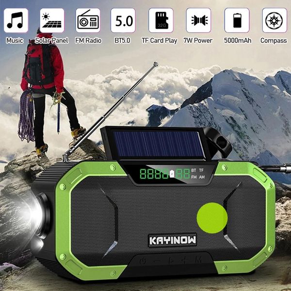 Haut-parleurs Portable sans fil Bluetooth haut-parleur IPX6 étanche extérieur manivelle FM Radio avec lumière LED boussole solaire d'urgence SOS 5000mAh