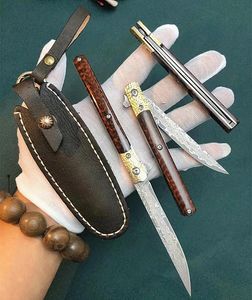 Offre spéciale Flipper Couteau pliant VG10 Damas Acier Drop Point Lame Bois de serpent + Aciers inoxydables + Tête en cuivre Poignée Roulement à billes Couteaux EDC avec gaine en cuir