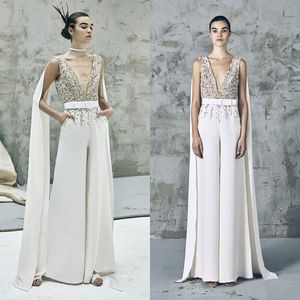 Speciaal ontwerp Elie Saab Jumpsuit Prom Dresses Sheer Pailletten Beaded V-hals Formele avondjurken met Wrap Saudi-stijl Receptie Jurk