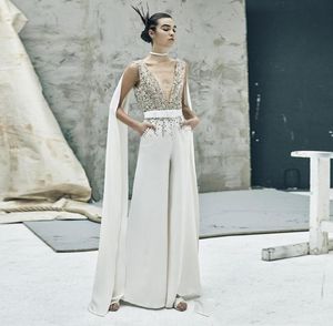 Speciaal ontwerp witte jumpsuit formele avondjurk pure pailletten kralen vneck prom jurk met wrap saudi -stijl receptie jurk8005698