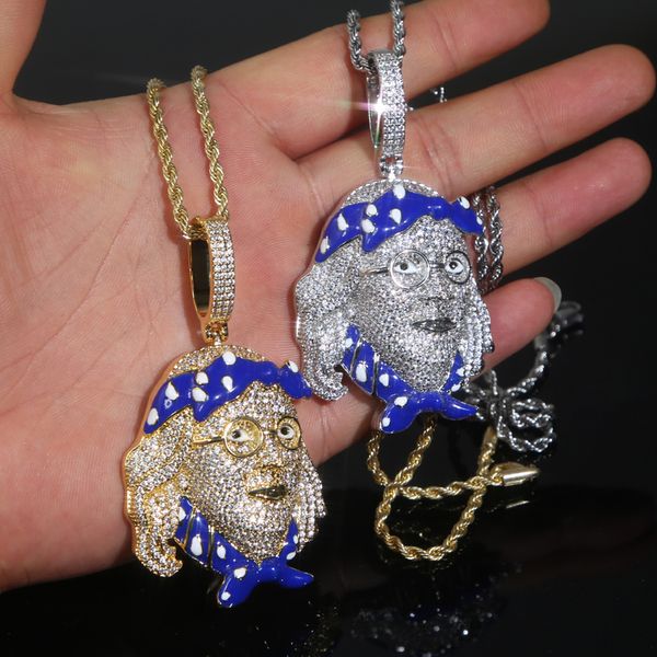 Designer spécial émail bleu Benjamin tête visage pendentif à breloque collier avec chaîne de corde Hip Hop femmes hommes entièrement pavé 5A zircon cubique cadeau bijoux