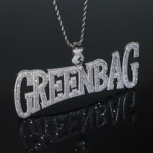 Designer spécial Iced Out énorme grand sac vert lettre pendentif à breloque collier avec chaîne de corde Hip Hop femmes hommes entièrement pavé 5A zircon cubique patron hommes cadeau bijoux