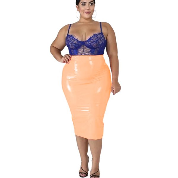 Jupe Midi en PVC de couleur Orange clair pour femmes, taille haute, fendue au dos, jupe de fête, mode femmes, grande taille, Costume formel