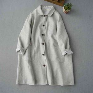 Manteau de coupe-vent mince en lin spécial Automne Vêtements pour femmes Simple Cardigan en vrac Top Simple Robe en lin double 210812