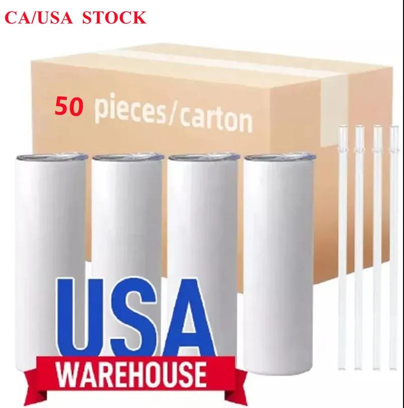 US/CA Local Warehouse Sublimation Blanks Mugs Gobelets droits en acier inoxydable de 20 oz Gobelet blanc avec couvercles et paille Gobelets de transfert de chaleur Bouteilles d'eau 50 pc/carton