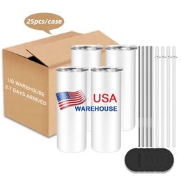 US/CA Voorraad 20oz Sublimatie Blanks Mokken Roestvrij Staal Geïsoleerde Tuimelaars Dubbelwandige Thermos Waterflessen Met Plastic Stro 25 stks/doos