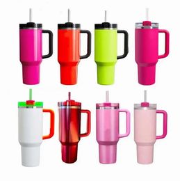 Elektrische neon witte roze zwarte mokken 40oz Quencher H2.0 roestvrijstalen tuimelaars Cups met handgreep en stro Cobrand Winter Pink Red Holiday Water flessen 0428