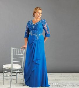 Plus size pailletten Moeder van de bruid jurken diepe v-hals 1/2 mouwen kralen kristallen kant applique formele avond prom jurken moeder jurk