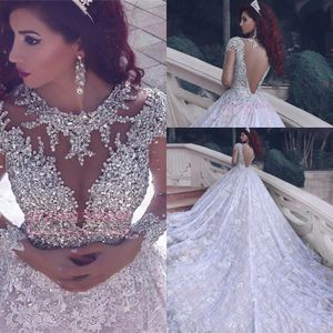 Luxe O-hals lange mouwen kant baljurk trouwjurken Arabische kralen kristallen vestidos de noiva bruidsjurken gewaad de mariage BA6920