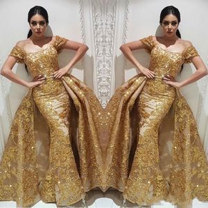 Yousef Aljasmi Avondjurken Mermaid Prom Dress met Gouden Pailletten Kant Afneembaar Overskirt Sparkly Dubai Arabische gelegenheid Toga 2019