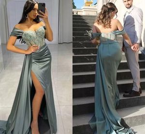 Elegante Arabische Dubai sexy salie zeemeermin prom jurken zwart hoge split formele avondjurk feestjes satijnen kralen plooi vestidos de fiesta gewaad de soiree