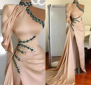 Champagne sirène robes de bal perlées col haut haut côté fendu manches longues robe de soirée fête deuxième robes de réception sur mesure