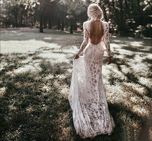Élégant sirène robe de mariée col haut vraies Photos manches longues dentelle bohème dos nu Boho mariage robe de mariée sur mesure
