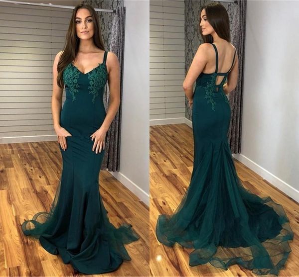 Plus la taille charmant chasseur vert sirène robes de bal dos nu col en V tulle étage longueur pas cher simple robe formelle robe de soirée ogstuff