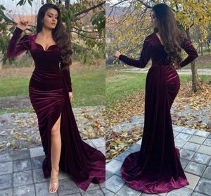 Bourgondië Arabische zeemeermin avondjurken lange mouwen Hoge zijde Split Marokko Kaftan Soft Velvet Prom Dress voor vrouwen Feestjurken