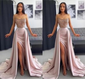 Superbes robes de bal sirène rose pour femme grande taille sans bretelles paillettes appliques sans manches haut fendu robes de soirée tenues de soirée avec train détachable