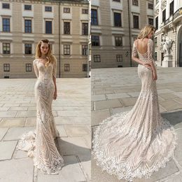 Crystal Design Mermaid Trouwjurken Bateau Hals Backless Sweep Trein Champagne Trouwjurk Custom Made Lange Mouw Strand Bruidsjurken BES121