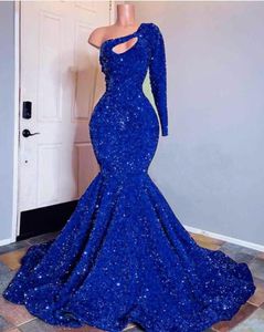 Une épaule sirène robes de bal avec balayage train bleu royal paillettes appliques longue robe de soirée robe de demoiselle d'honneur soirée robes de bal
