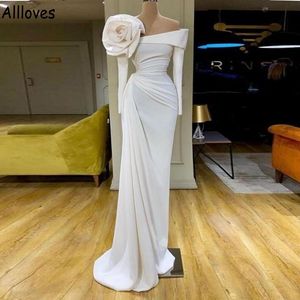 Modestes robes de bal en satin blanc avec des ￩bauches de fleur ￠ manches longues simples robes de f￪te de soir￩e paliers Sweep Train Arabe Aso Ebi Occasion sp￩ciale Robe formelle CL1113