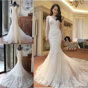 Nouveau luxe pure col rond manches longues robes de mariée pure col rond manches longues dentelle appliques sirène robes de mariée avec train