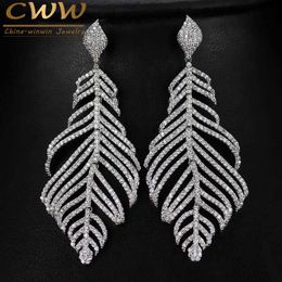 Spécial Micro Cubique Zircone Pierre Pavée Grand Long Dangle Drop Plume Boucles D'oreilles Dames De Luxe Designer Bijoux CZ366 210714