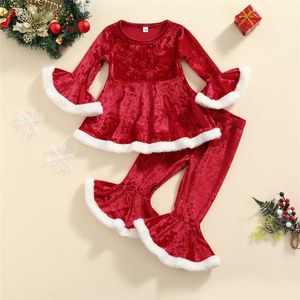 Speciale gelegenheden Baby Girl Christmas Red Plush Flanel Velvet Desets Sets Pullover Top Flare Pants 18M-6y Toddler Kids Festival Costume T221014