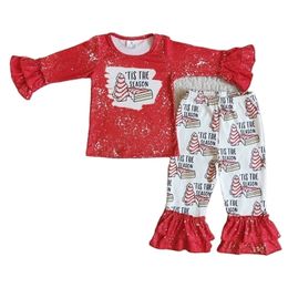 Speciale gelegenheden Babymeisjes Kerstmis dubbele ruche Lange mouw T -shirt Seizoen Kinderboetiek Outfits Kleding Holiday Red Desets Sets 220830