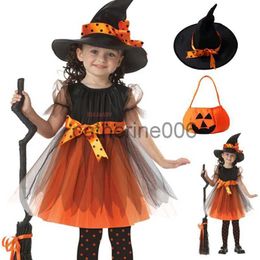 Speciale gelegenheden Kinderen Meisjes Halloween Cosplay Heksenkostuum Tieners Babymeisje Jurk Baby Heksenjurk Kledingset Hoed Pompoen Tas Panty x1004