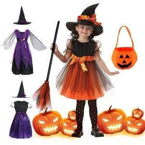 Speciale gelegenheden Kinderen Girls Witch Party Candy Bag Leggings Hoed Broom Kleding Sets Cosplay Kids Carnival Halloween Costume 220830