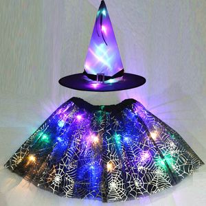 Speciale gelegenheden Kinderen Kinderen Girl Glow Light Up Witch Hat Spider Web Cobweb Rok Party LED Pak Princess Costume Magic Wand Festival Halloween 220826