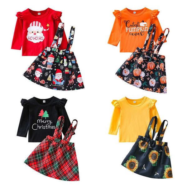 Ocasiones especiales Navidad niño niño niñas ropa conjunto santa camiseta tops faldas a cuadros trajes navidad halloween calabaza disfraz niños ropa T221014