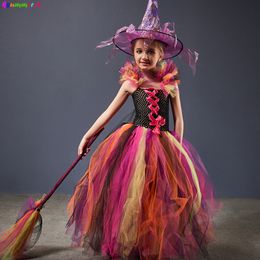 Speciale gelegenheden Evil Witch Halloween -kostuum voor meisjes Kleur Magic Gown Tutu -jurk met hoed en bezemkinderen Cosplay Carnival Party Fancy Dresses 220826