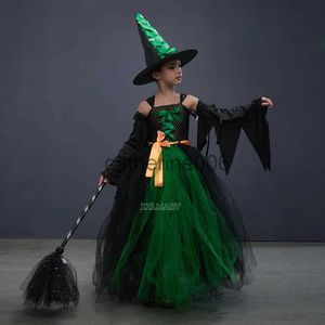 Occasions spéciales Conte de fées Robe de sorcière verte avec chapeau balai Glamour enfants Halloween Robe fantaisie Tutu Robe Costume gothique filles Cosplay vêtements x1004