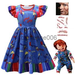 Speciale gelegenheden Meisjes Halloween kostuum Ghost Doll Nachtmerrie kleding Chucky Cosplay kostuum Kinderen Carnaval Feestjurk Tattoo sticker x1004 x1004