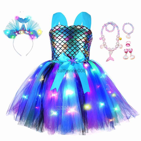 Ocasiones especiales Niñas Sirena TUTU Vestido LED Vestidos de fiesta de cumpleaños para niños Disfraces de princesa Sirenita para Halloween Traje de vestir de Año Nuevo x1004