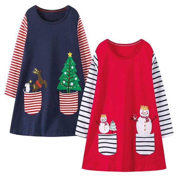 Occasions spéciales filles robe de Noël rouge marine coton cerf bonhomme de neige poche robes à rayures pour les petites filles Costume de fête du Nouvel An 2-7 ans T221014