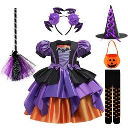 Speciale gelegenheden Halloween 2-10 jaar Baby Girl Party Heksenjurk Kerst Princess Kinderen Cosplay Kostuum Bat Pumpkin Bag Hoed Broom 220922