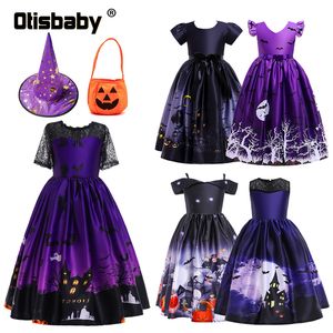 Speciale gelegenheden Halloween Child Witch Kostuum Carnival Party Bat Ghost Print Lange jurken Performance jurken hoed pompoenen candy tas a220826