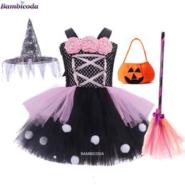 Speciale gelegenheden Halloween Children Girls Witch Party Candy Bag Hat Broom kledingsets Ghost Cosplay Kids Carnival Mesh Kostuum A220826