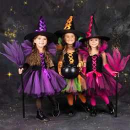 Occasions spéciales Halloween Cosplay Costume de sorcière accessoires filles robe d'Halloween avec chapeau balai filles carnaval habiller ensemble de tenue de fête robe de sorcière x1004