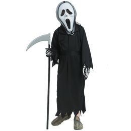 Speciale gelegenheden Halloween Horror Schreeuwend spookkostuum Kid vreselijke zwarte mantel verkleed duivel donkere messenger scythe cosplay set masker 230815