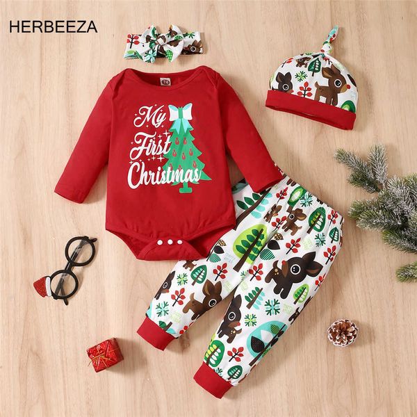 Occasions spéciales HERBEEZA Noël col rond bébé costume nouveau-né filles mignon vêtements ensemble noël cerf impression pantalon costume avec arc 4pce T221014