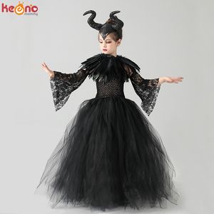 Ocasiones especiales Disfraz de tutú de diablo negro para niños Vestido de lujo gótico para niñas de Halloween con chal de plumas Villano Royal Dark Queen Vestido 220922