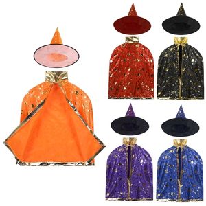 Speciale gelegenheden Kids Witch Halloween kostuums tovenaar Cloak cape met puntige hoed set anime cosplay carnaval feest meisjes jongens goochelaar outfit A220826