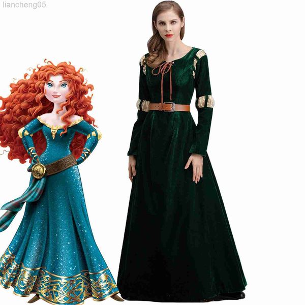 Ocasiones especiales Mérida Princess Come for Adult S M L XL Fancy Brave Merida Dress Girls Cosplay Carnival Apparel Mujer Halloween Frock W0221