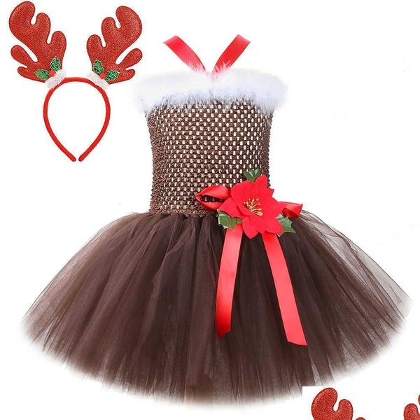 Occasions spéciales Ocns Robe de Tutu de cerf de Noël pour filles Costumes de renne Robes de père Noël pour enfants avec fleur de corne de cerf Xma Dhz6V