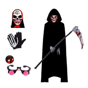 Occasions spéciales Costumes d'Halloween effrayants pour enfants Robe de faucheuse aux yeux rouges avec capuche et faux 230818