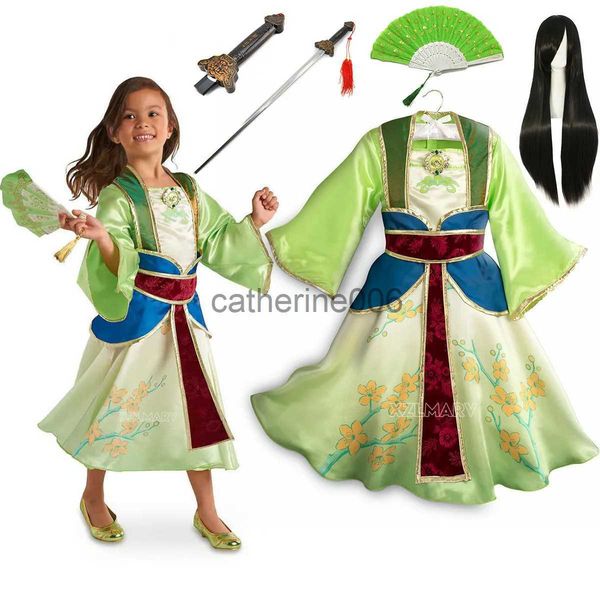 Ocasiones especiales Verano Infantil Niñas Mulan Vestido Halloween Carnaval Mulan Cosplay Disfraz Mulan Peluca para niños Fiesta de cumpleaños Vestido para niños pequeños x1004